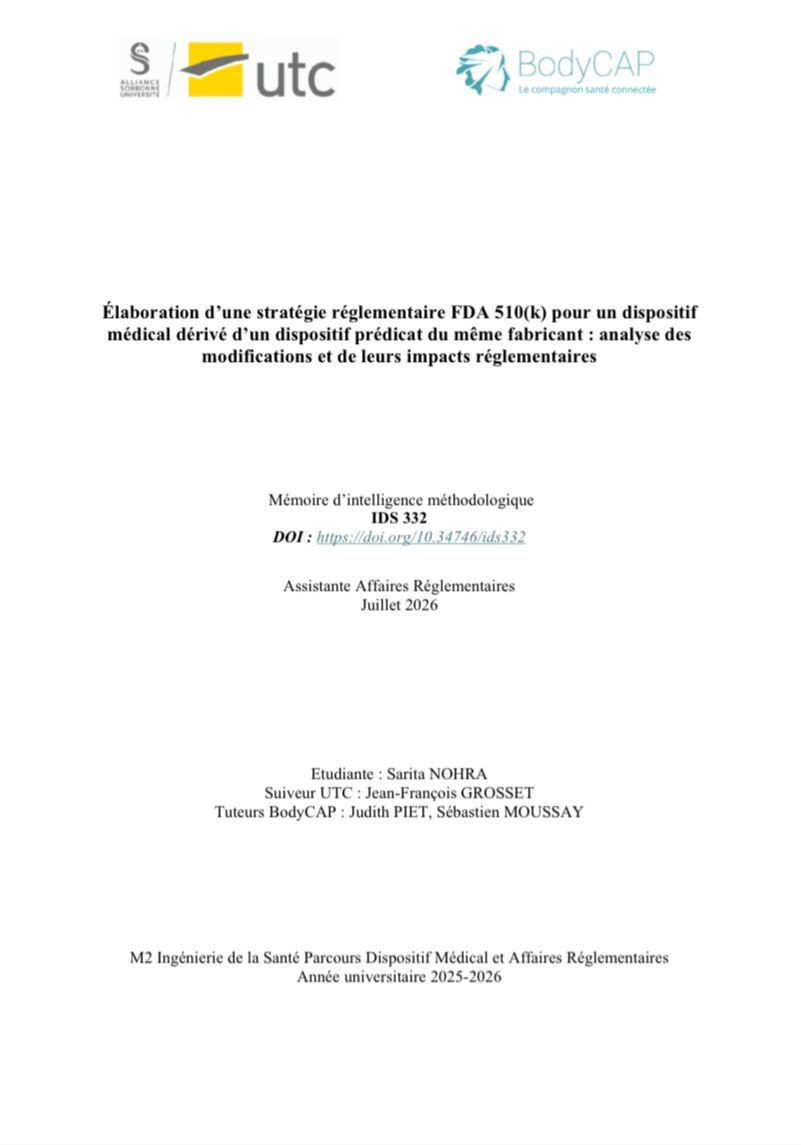 IDS332 - Élaboration d’une stratégie réglementaire FDA 510(k) pour un dispositif médical dérivé d’un dispositif prédicat du même fabricant&nbsp;: analyse des modifications et de leurs impacts réglementaires