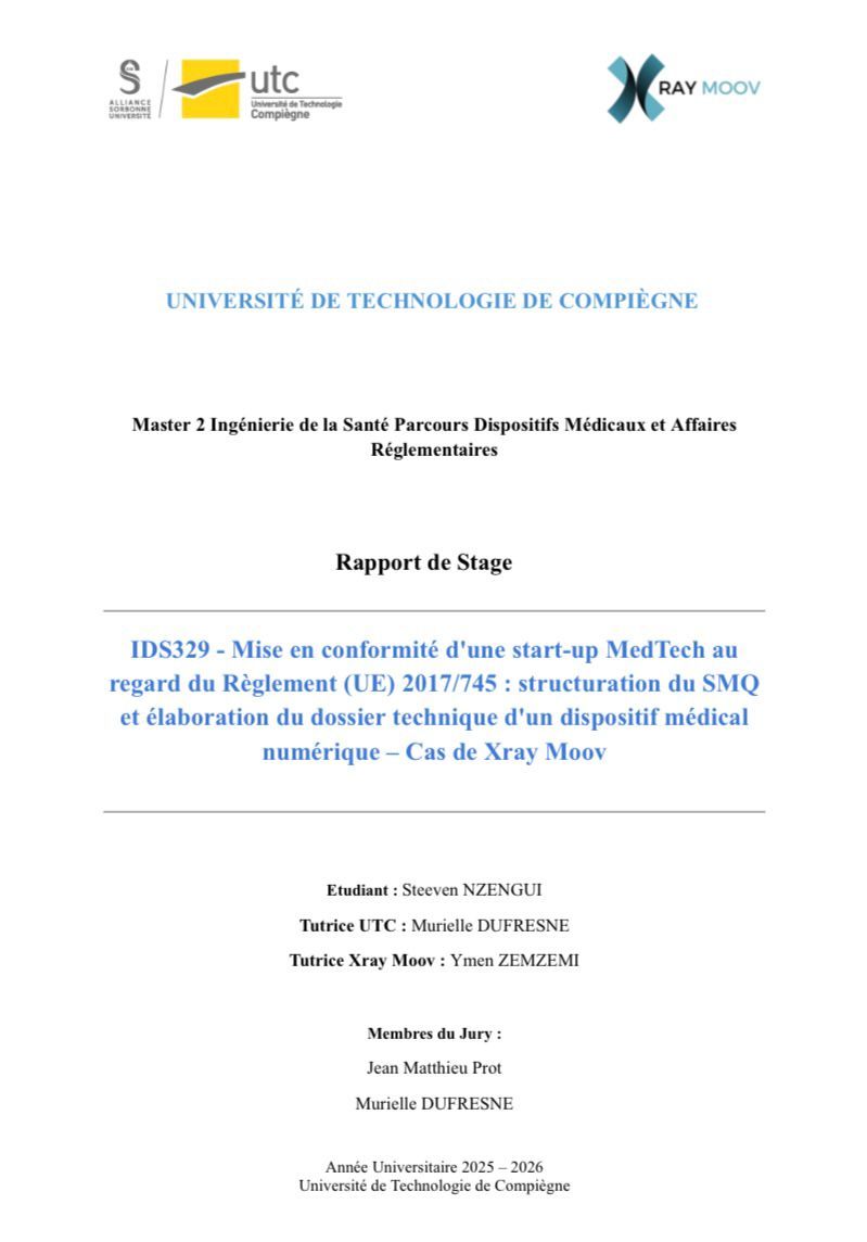 IDS329 - Mise en conformité d'une start-up MedTech au regard du Règlement (UE) 2017/745&nbsp;: structuration du SMQ et élaboration du dossier technique d'un dispositif médical numérique – Cas de Xray&nbsp;Moov